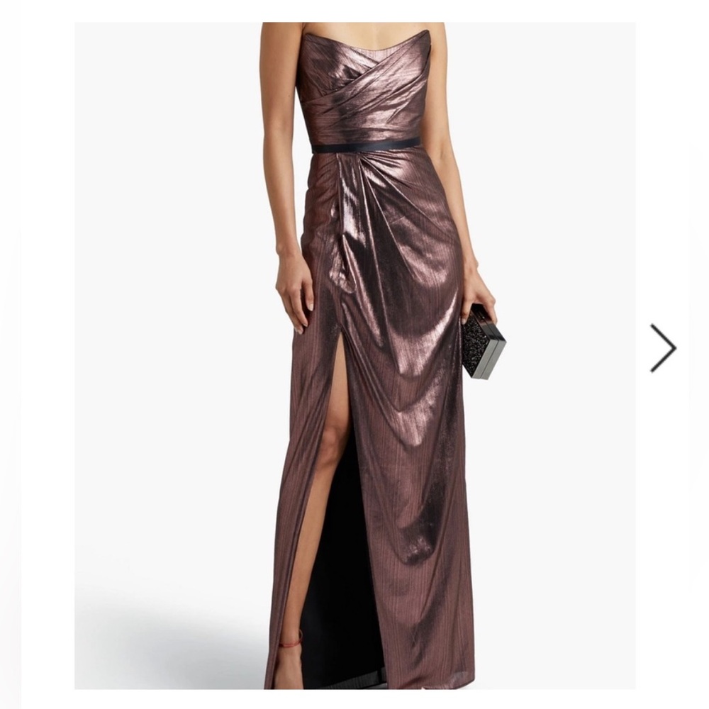 Marchesa Notte Metallic Bronze Lamé Strapless Formal Gown Size 4